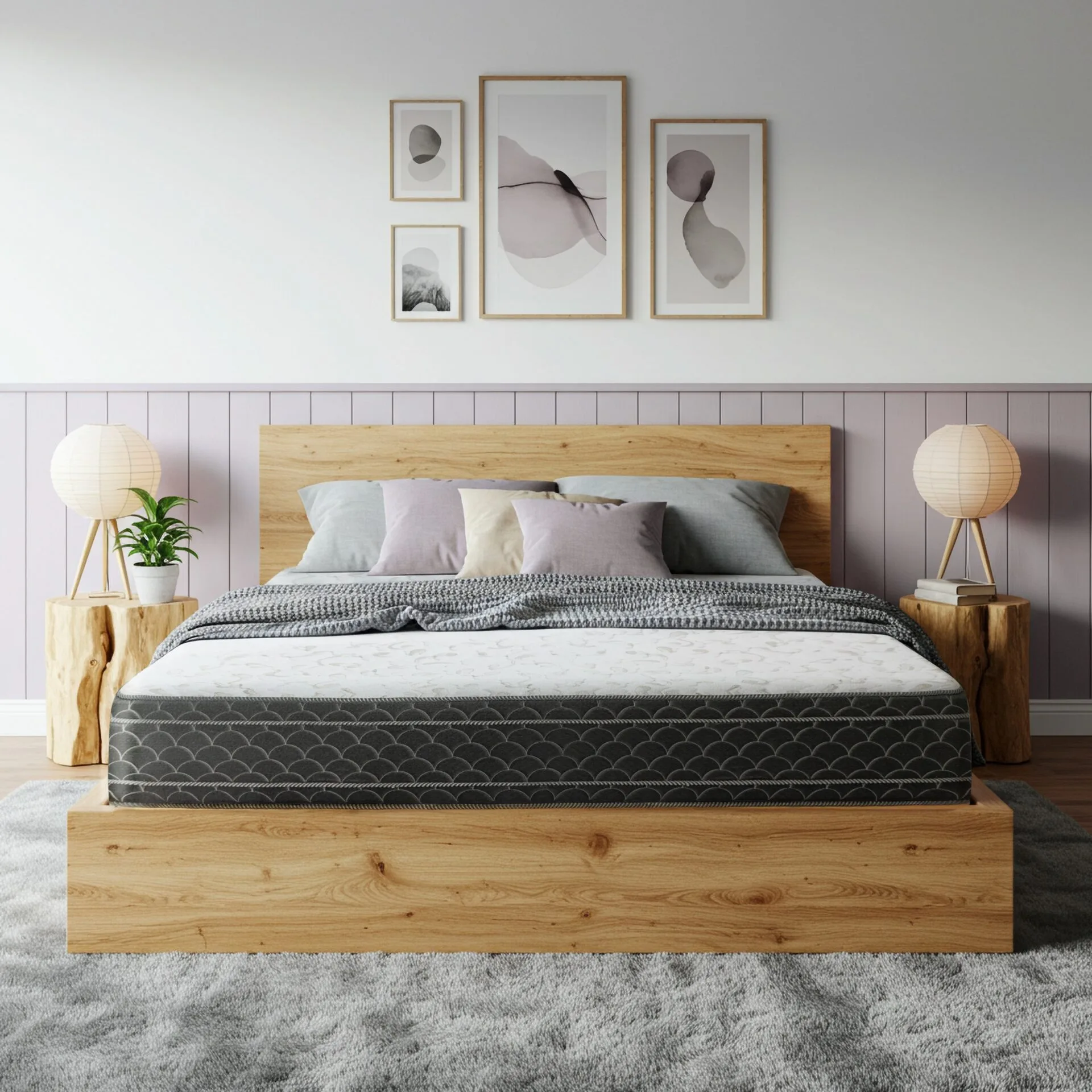Colchón Reforzado WeRest King Size - Diseño y firmeza en armonía Colchón reforzado WeRest sobre base de madera natural, en dormitorio estilo nórdico con cuadros y luz suave
